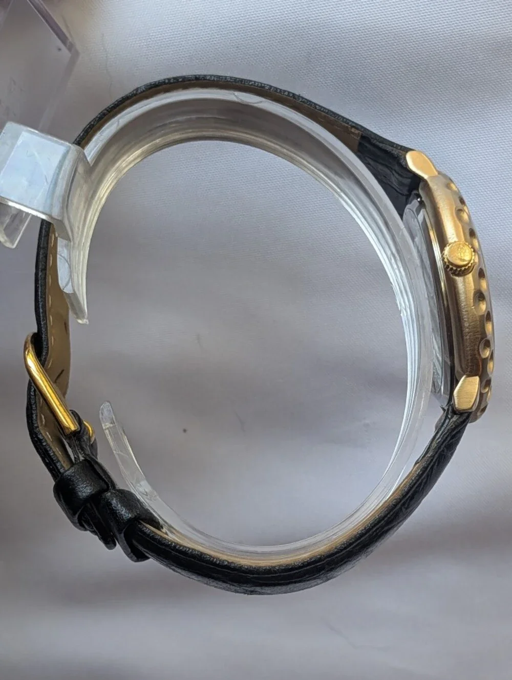 Hampden Golf Watch Golden Dimpled Bezel Club Hand Black Leather Strap Steel Back